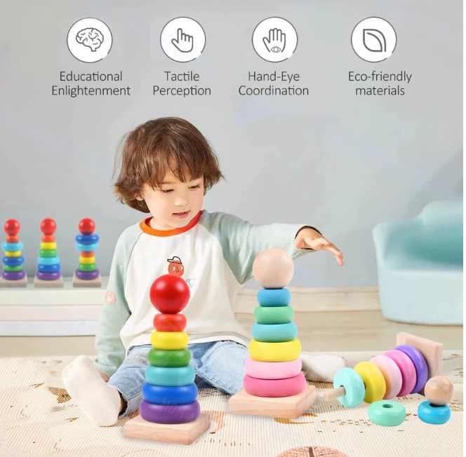8 Rings Tower of Hanoi Learning Wooden Toys 8-story Rainbow Tower Building Block Educational Toys for Kids (Tower of Hanoi Wooden)